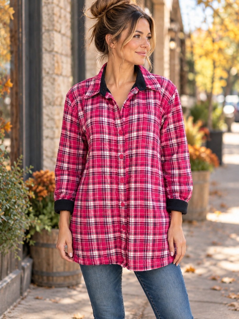 L.L.Bean Fleece Lined Plaid Barn Chore Shacket Jacket Pink Black 1X